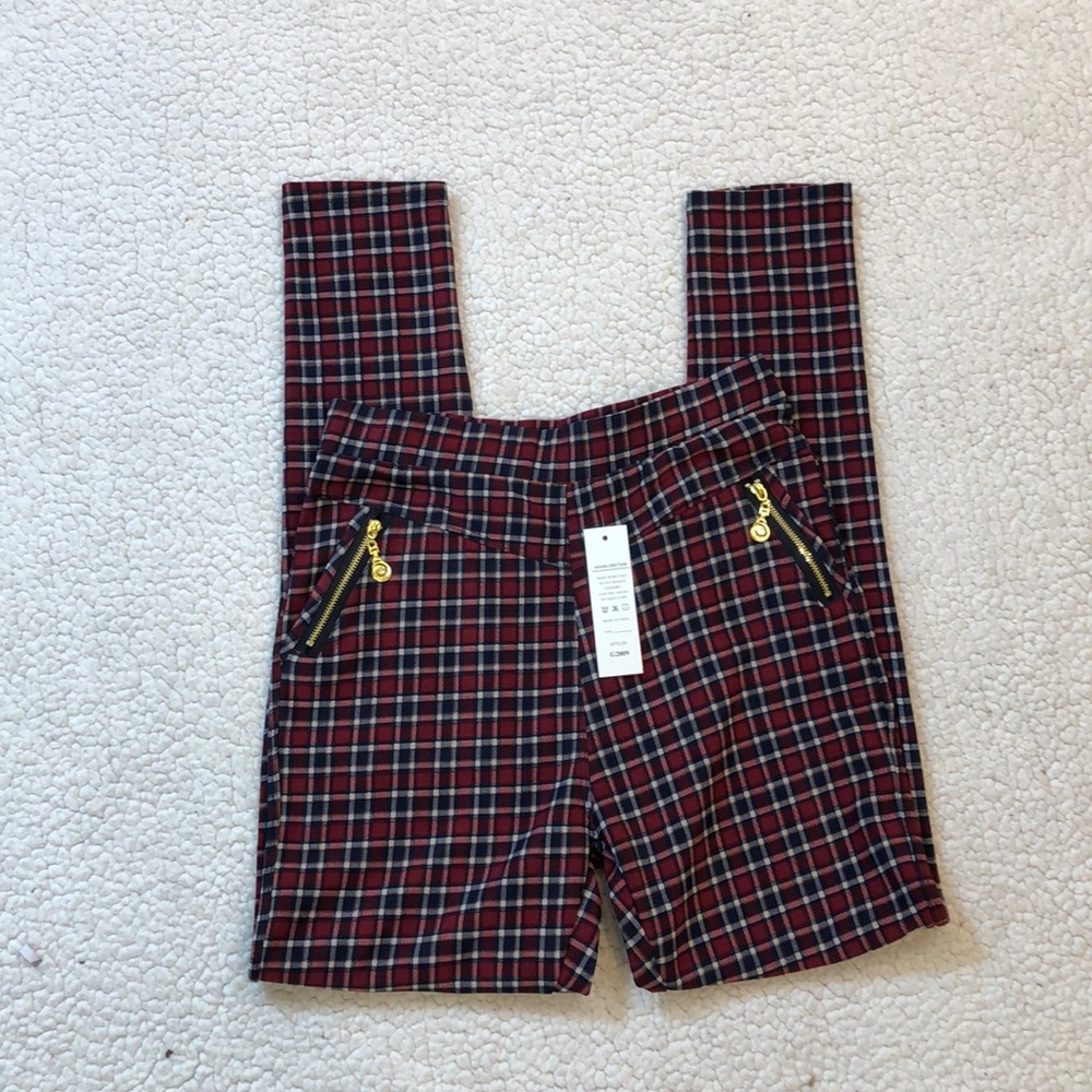 NWT YPP Pants Plaid Leggings Gold Zipper Pockets Small